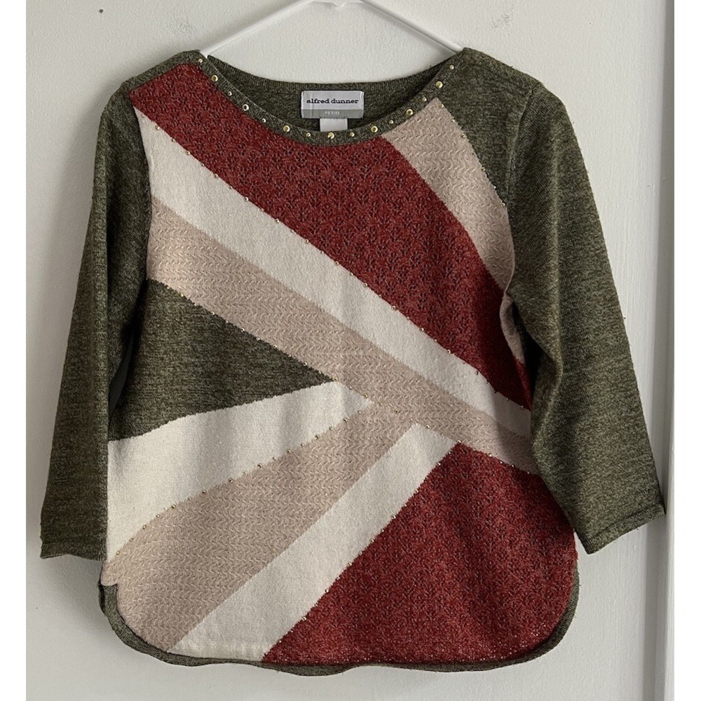 ALFRED DUNNER Petite Neutral Sweater PS Fall Rhinestone Bling 3/4 Sleeve‎
